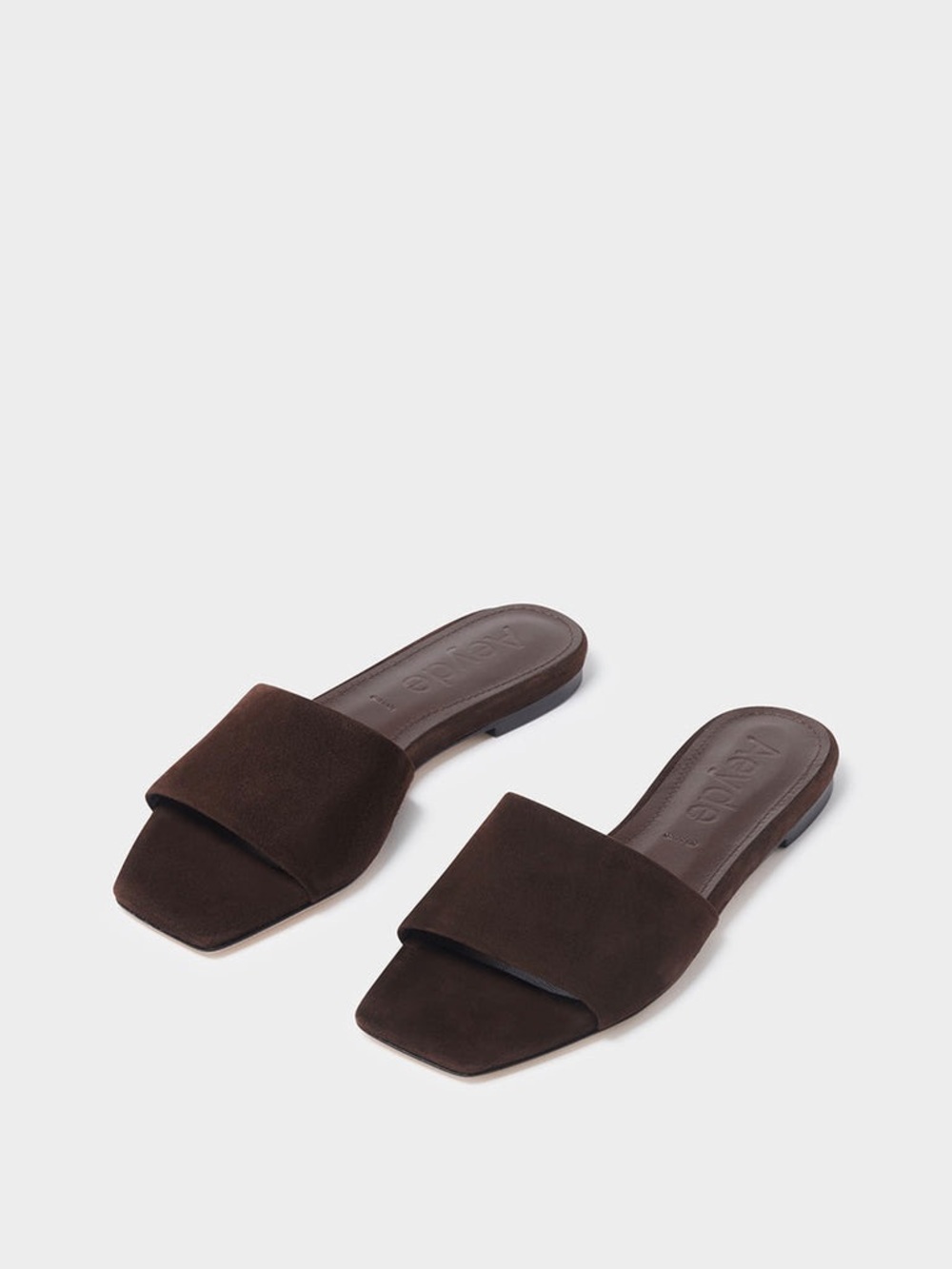 Aeyde "Anna" Square-Toe Suede Flat Sandals- Moka Suede